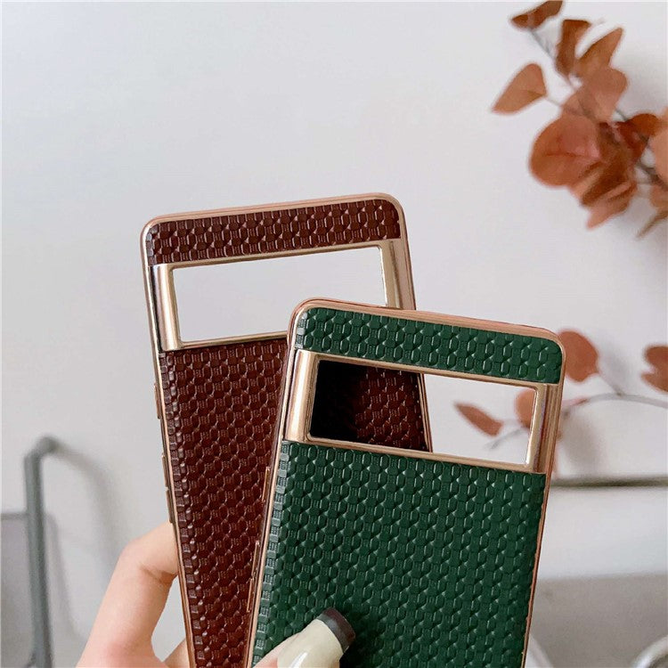 For Google Pixel 6 Cell Phone Shell, Scratch Resistant Back Protector Nano Electroplating Textured Genuine Leather Coated TPU Phone Case Protective Cover - Blue