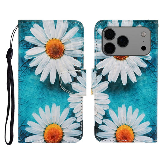 For iPhone 17 Pro Max Case Pattern Printing Protective Leather Folio Phone Cover with Wrist Strap - Chrysanthemum