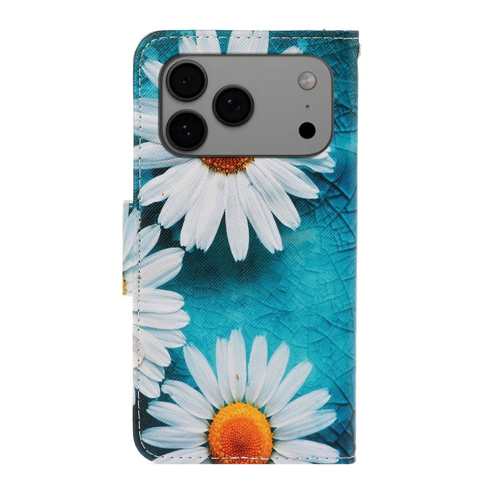 For iPhone 17 Pro Max Case Pattern Printing Protective Leather Folio Phone Cover with Wrist Strap - Chrysanthemum