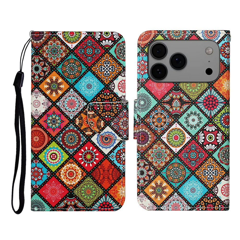 For iPhone 17 Pro Max Case Pattern Printing Protective Leather Folio Phone Cover with Wrist Strap - Ethnic Style