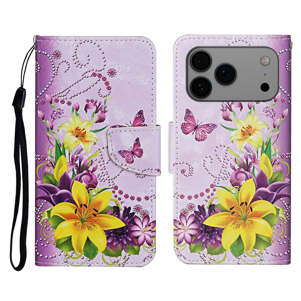 For iPhone 17 Pro Max Case Pattern Printing Protective Leather Folio Phone Cover with Wrist Strap - Yellow Butterfly