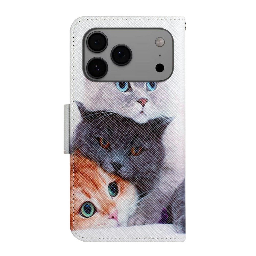 For iPhone 17 Pro Max Case Pattern Printing Protective Leather Folio Phone Cover with Wrist Strap - Three Cats