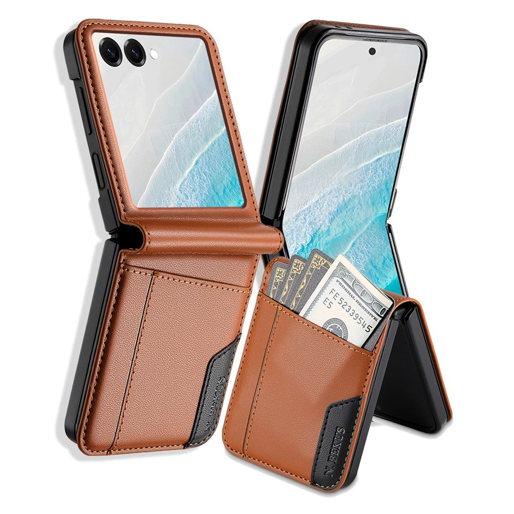 N.BEKUS For Samsung Galaxy Z Flip7 5G Case Card Slot PU + PC Phone Back Cover - Brown