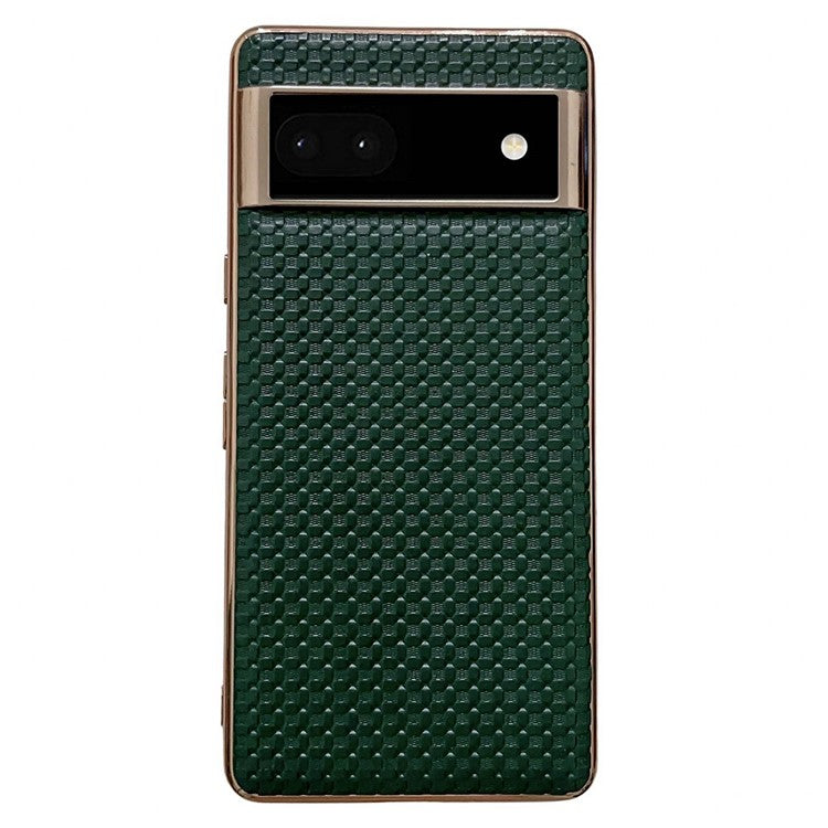 For Google Pixel 6a Cell Phone Shell, Back Protector Impact Resistant Nano Electroplating Textured Genuine Leather Coated TPU Phone Case Protective Cover - Green