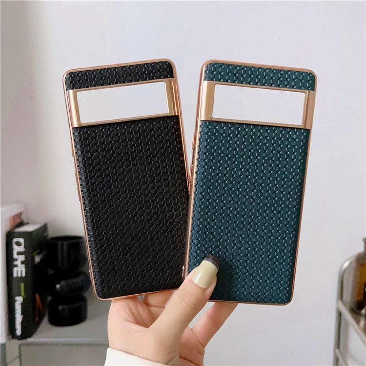 For Google Pixel 6a Cell Phone Shell, Back Protector Impact Resistant Nano Electroplating Textured Genuine Leather Coated TPU Phone Case Protective Cover - Blue