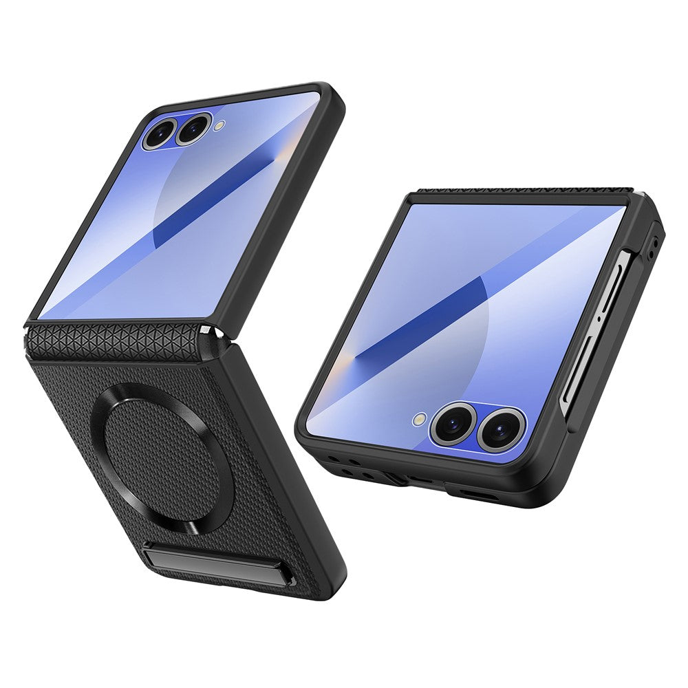 For Samsung Galaxy Z Flip7 5G Case Compatible with MagSafe Kickstand PC+PU Phone Cover with Screen / Lens Film - Wheat Black