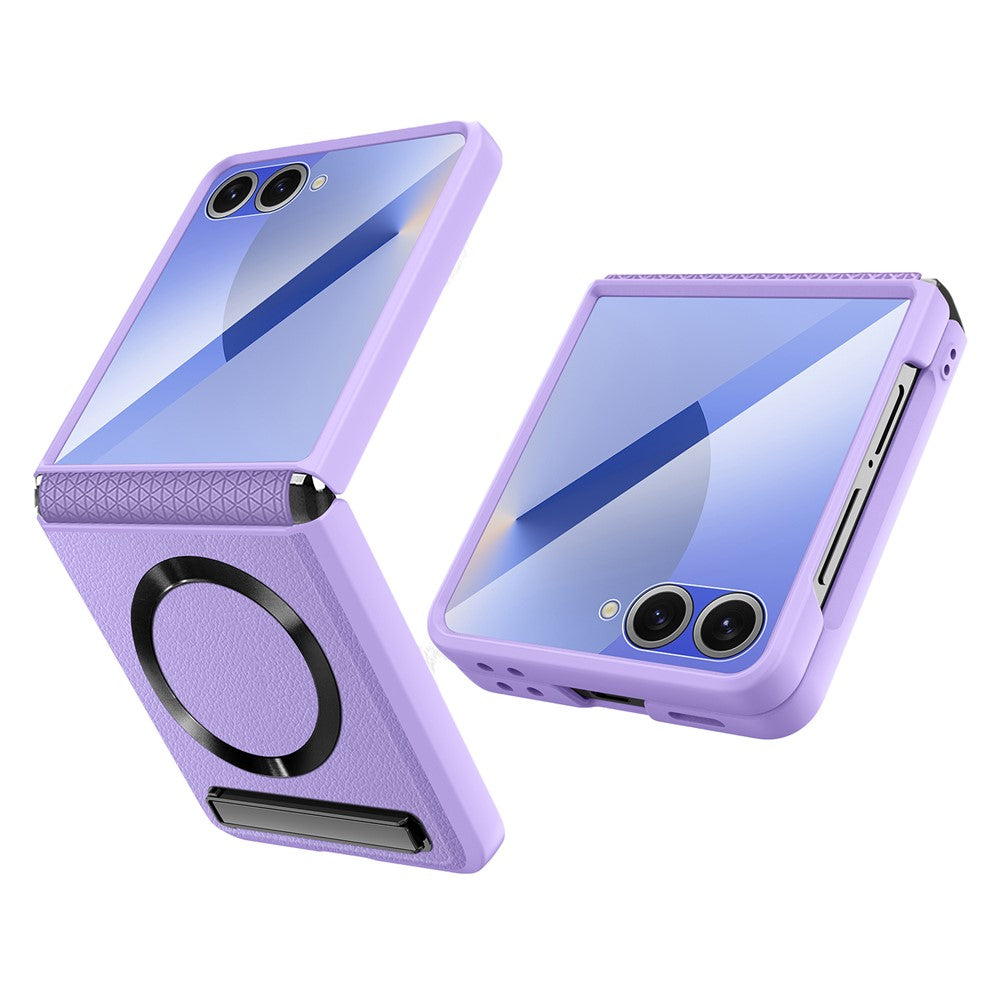 For Samsung Galaxy Z Flip7 5G Case Compatible with MagSafe Kickstand PC+PU Phone Cover with Screen / Lens Film - Purple