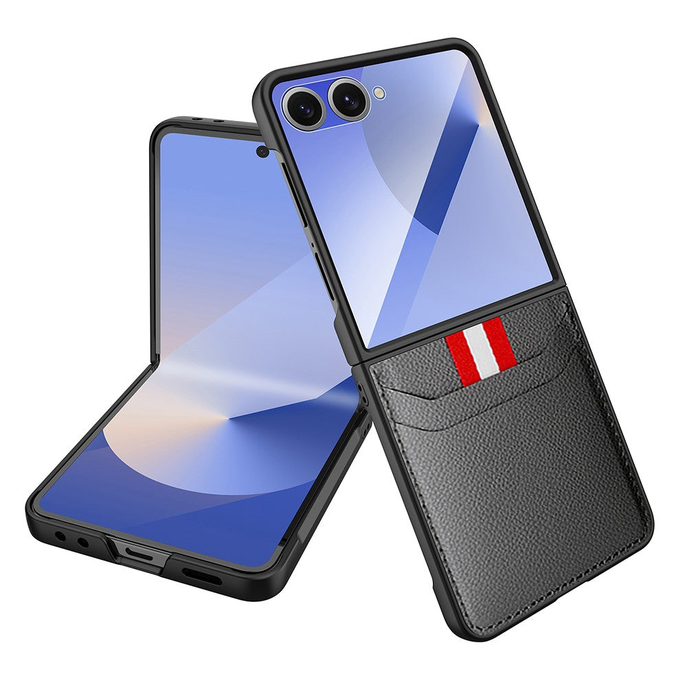For Samsung Galaxy Z Flip7 5G Case Litchi Texture PU+PC Phone Cover with Screen / Lens Film - Grey
