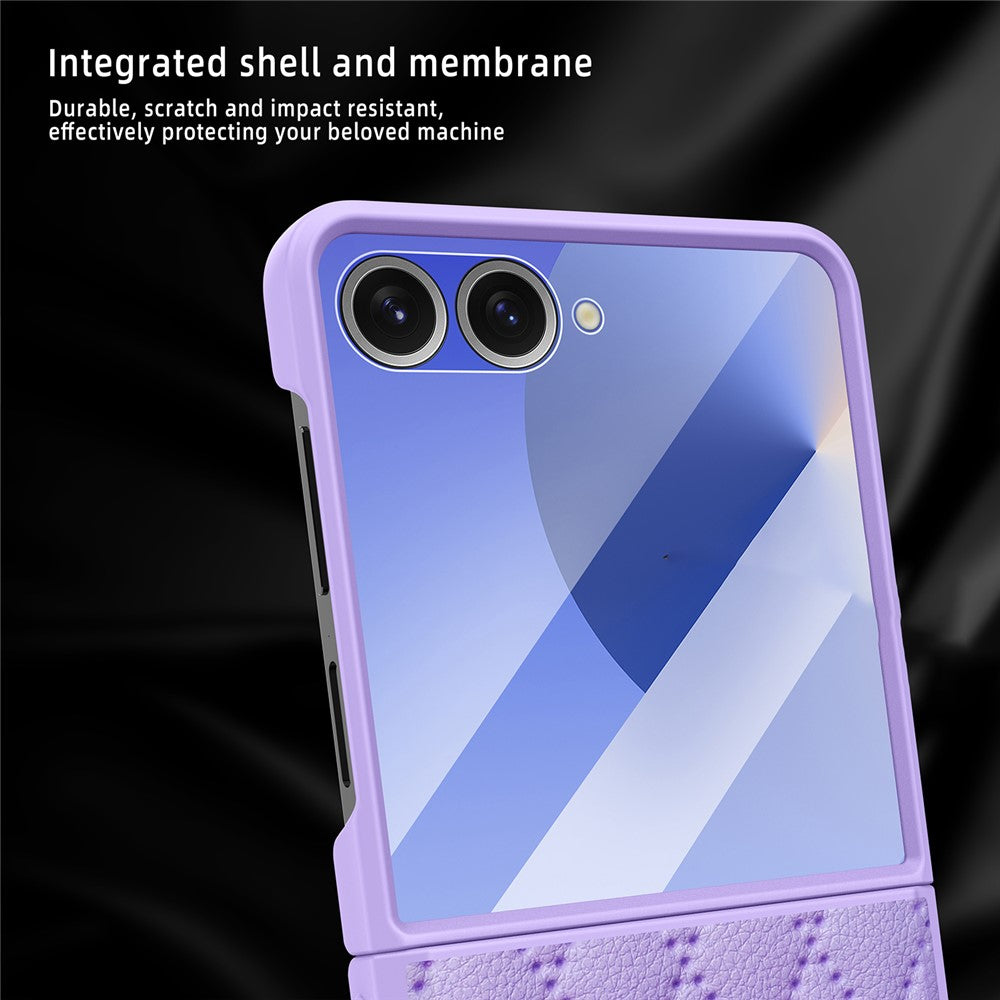 For Samsung Galaxy Z Flip7 5G Case Rhombus Imprint PU+Hard PC Phone Cover with Screen / Lens Film - Purple