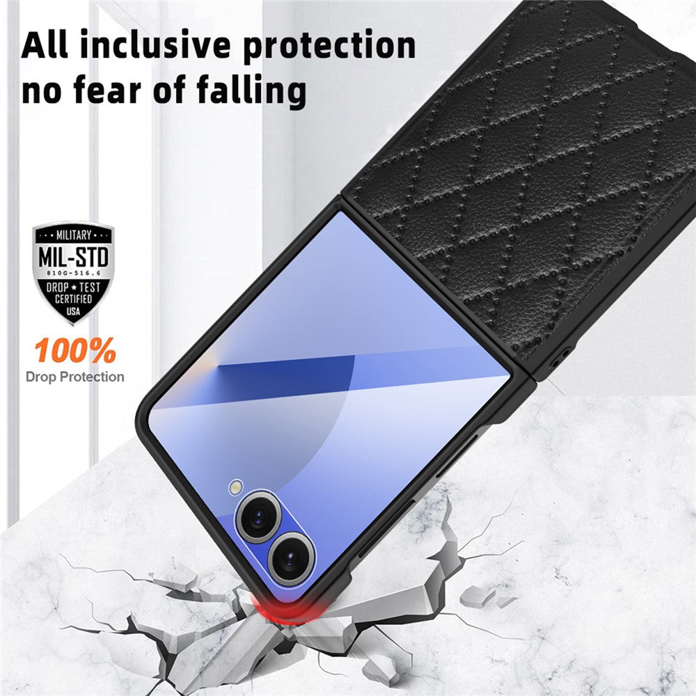 For Samsung Galaxy Z Flip7 5G Case Rhombus Imprint PU+Hard PC Phone Cover with Screen / Lens Film - Purple