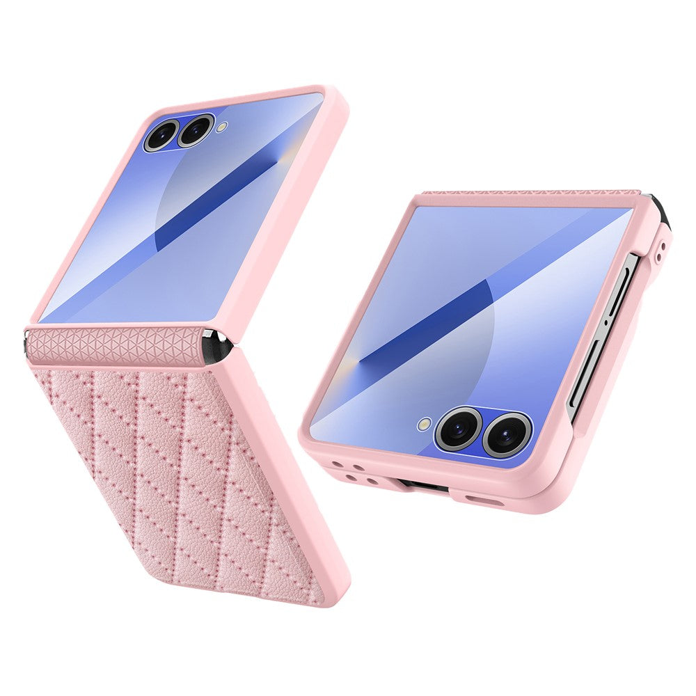 For Samsung Galaxy Z Flip7 5G Case Rhombus Imprint PU+Hard PC Phone Cover with Screen / Lens Film - Pink
