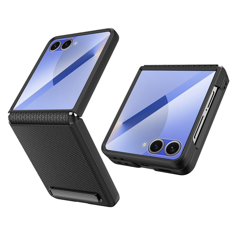 For Samsung Galaxy Z Flip7 5G Case Kickstand PC+PU Phone Cover with Screen / Lens Film - Wheat Black