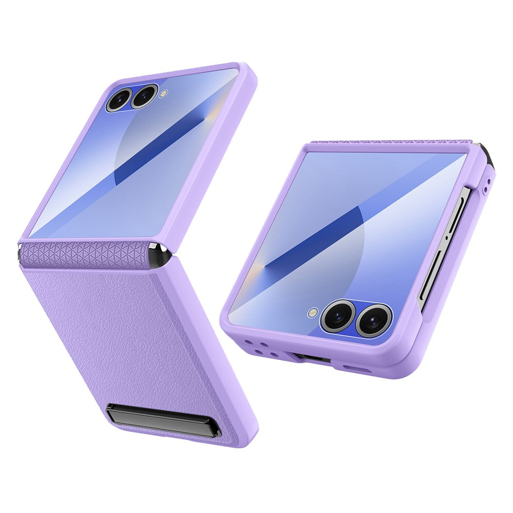For Samsung Galaxy Z Flip7 5G Case Kickstand PC+PU Phone Cover with Screen / Lens Film - Purple