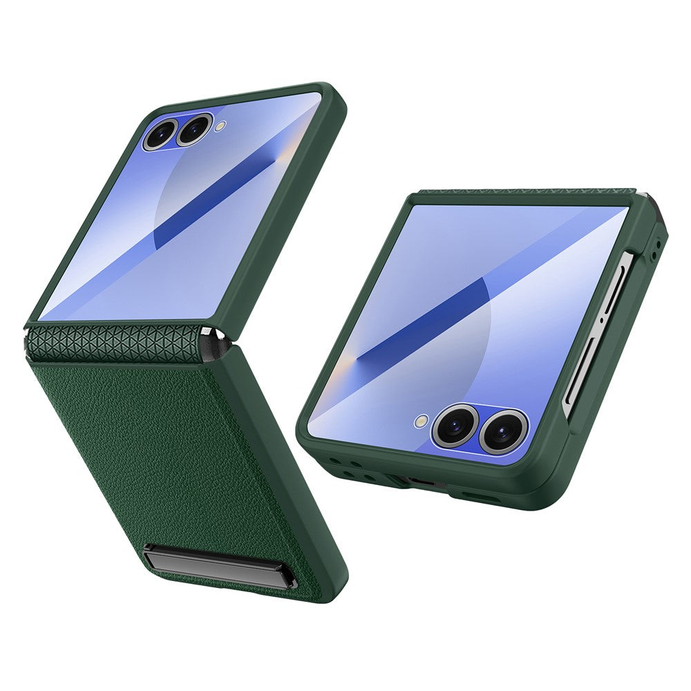 For Samsung Galaxy Z Flip7 5G Case Kickstand PC+PU Phone Cover with Screen / Lens Film - Green