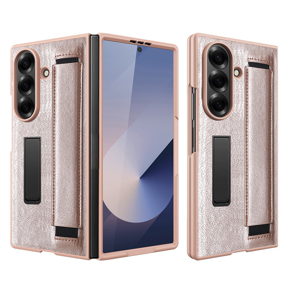 For Samsung Galaxy Z Fold7 5G Case Litchi Texture PU+PC Wristband Phone Cover with Screen / Lens Film - Rose Gold