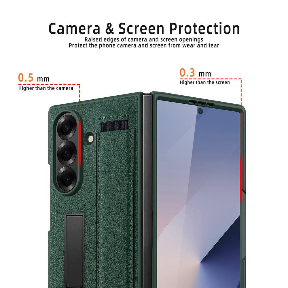 For Samsung Galaxy Z Fold7 5G Case Litchi Texture PU+PC Wristband Phone Cover with Screen / Lens Film - Rose Gold