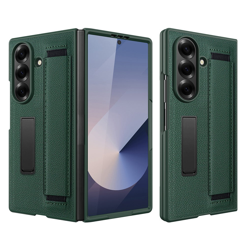 For Samsung Galaxy Z Fold7 5G Case Litchi Texture PU+PC Wristband Phone Cover with Screen / Lens Film - Green