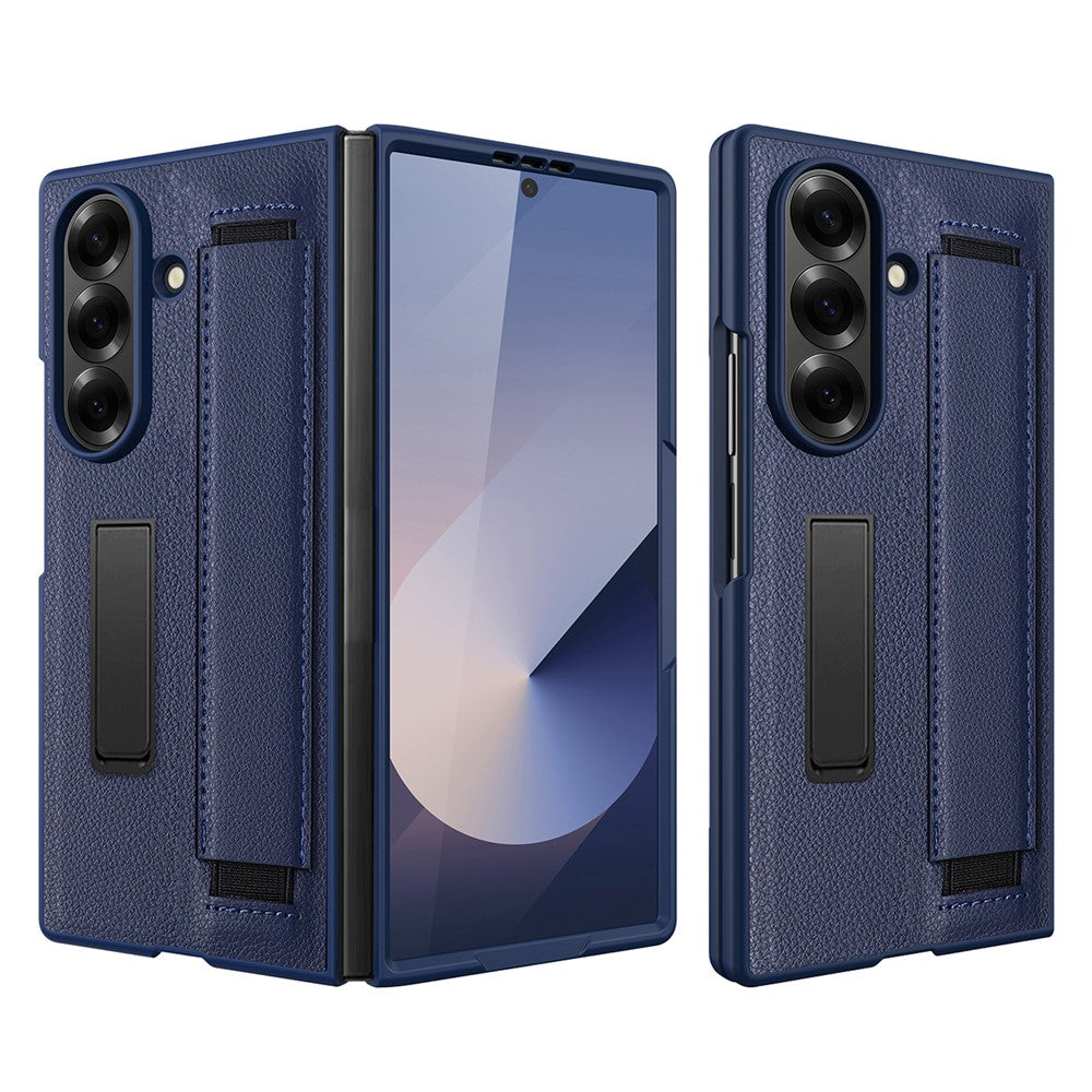 For Samsung Galaxy Z Fold7 5G Case Litchi Texture PU+PC Wristband Phone Cover with Screen / Lens Film - Blue