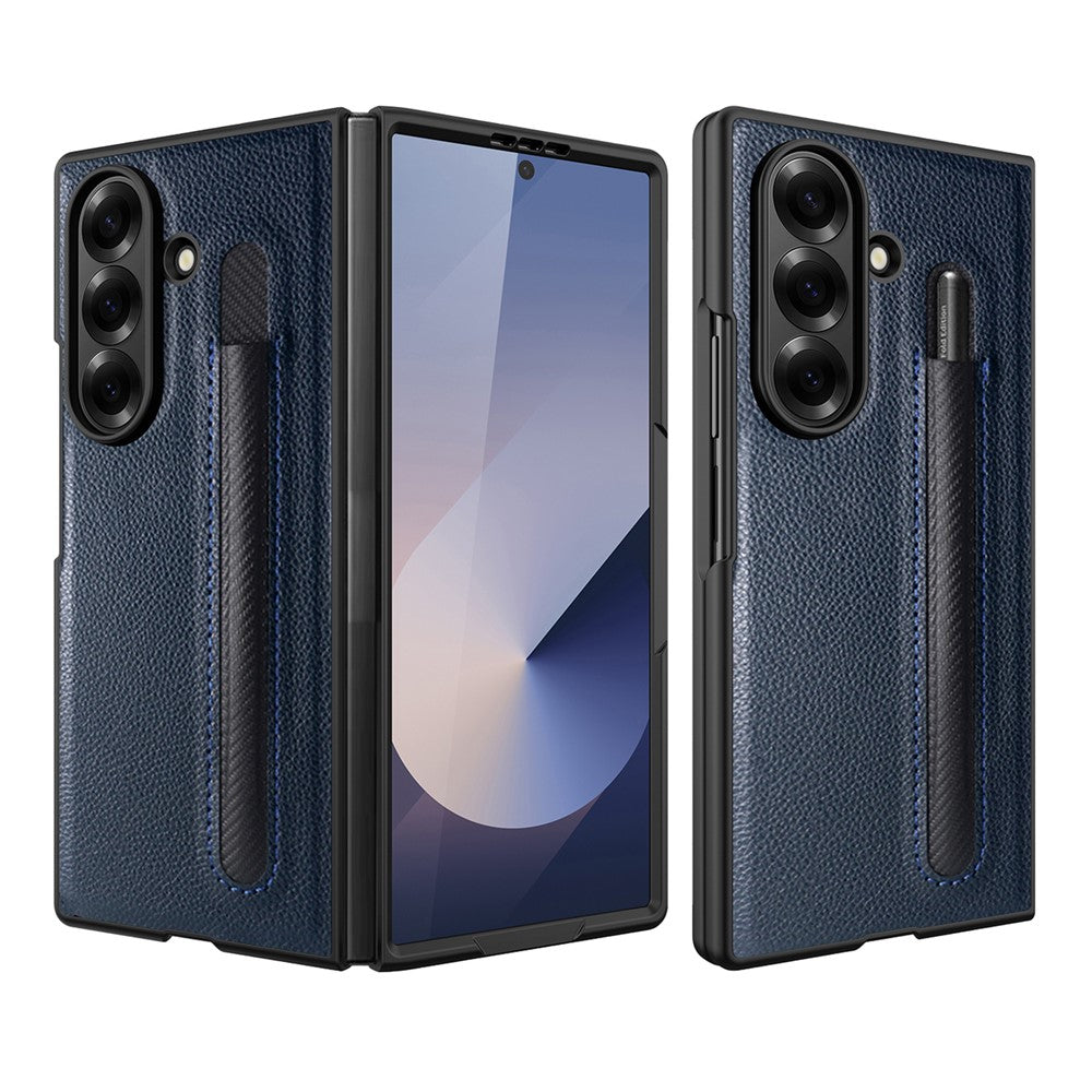 For Samsung Galaxy Z Fold7 5G Case Pencil Holder Litchi Texture PU+PC Phone Cover with Screen Film - Blue