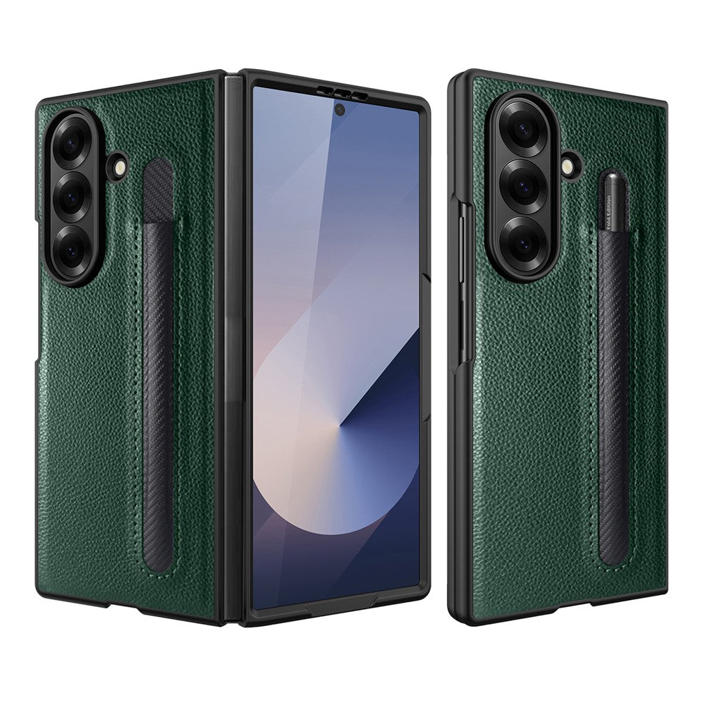 For Samsung Galaxy Z Fold7 5G Case Pencil Holder Litchi Texture PU+PC Phone Cover with Screen Film - Green
