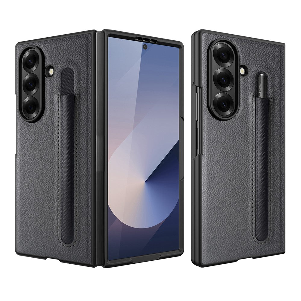 For Samsung Galaxy Z Fold7 5G Case Pencil Holder Litchi Texture PU+PC Phone Cover with Screen Film - Grey