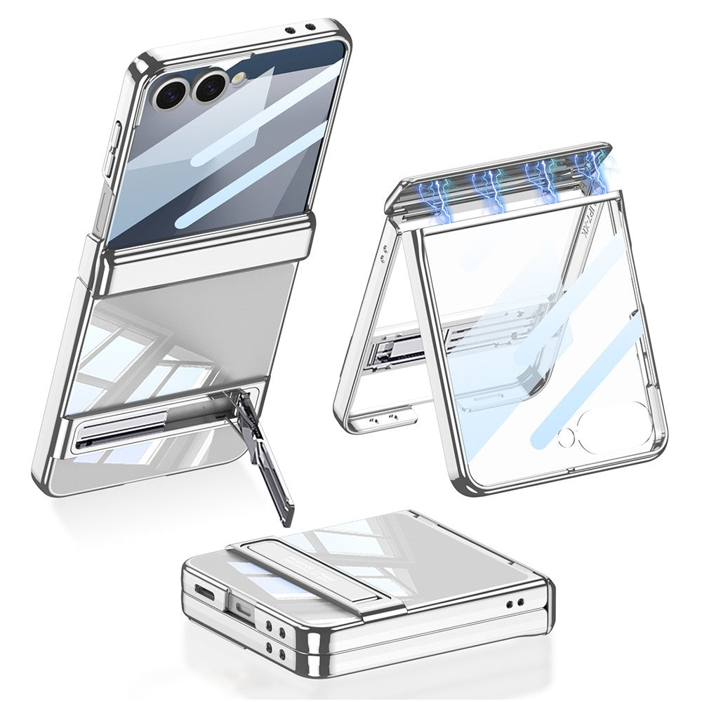 GKK For Samsung Galaxy Z Flip7 5G Case Magnetic Hinge Protection PC Tempered Glass Kickstand Phone Cover - Silver