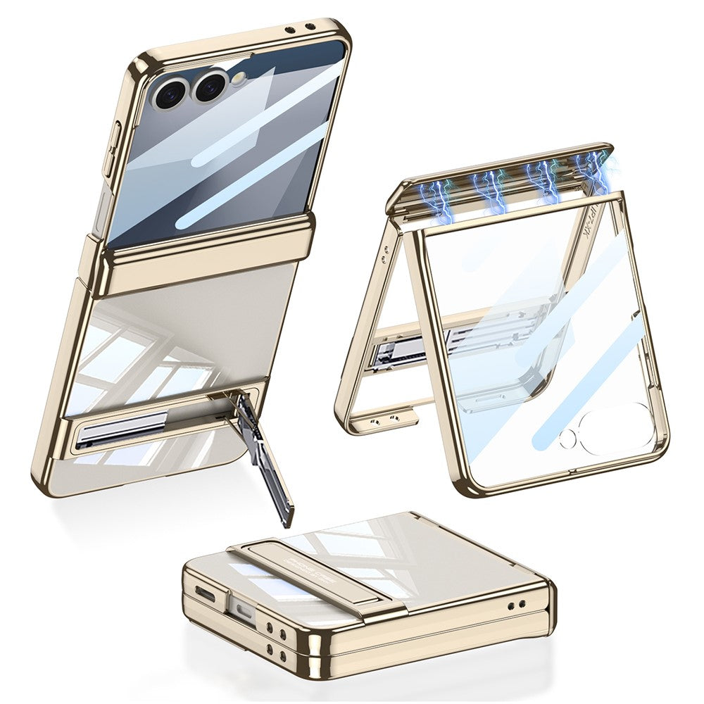 GKK For Samsung Galaxy Z Flip7 5G Case Magnetic Hinge Protection PC Tempered Glass Kickstand Phone Cover - Champagne Gold