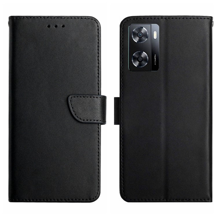 For OnePlus Nord N300 5G HT02 Nappa Texture Genuine Leather Phone Case Magnetic Closure Stand Design Shockproof Folio Wallet Cover - Black