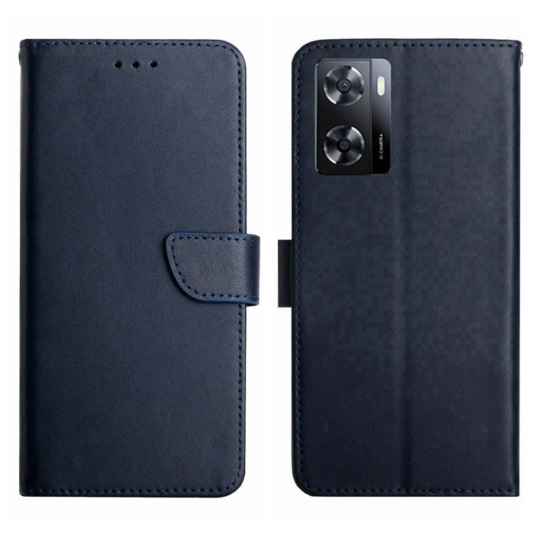 For OnePlus Nord N300 5G HT02 Nappa Texture Genuine Leather Phone Case Magnetic Closure Stand Design Shockproof Folio Wallet Cover - Blue