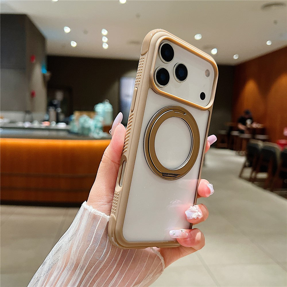 For iPhone 17 Pro Max Magnetic Case Stress Relief Kickstand TPU + PC Transparent Protective Phone Cover - Coffee