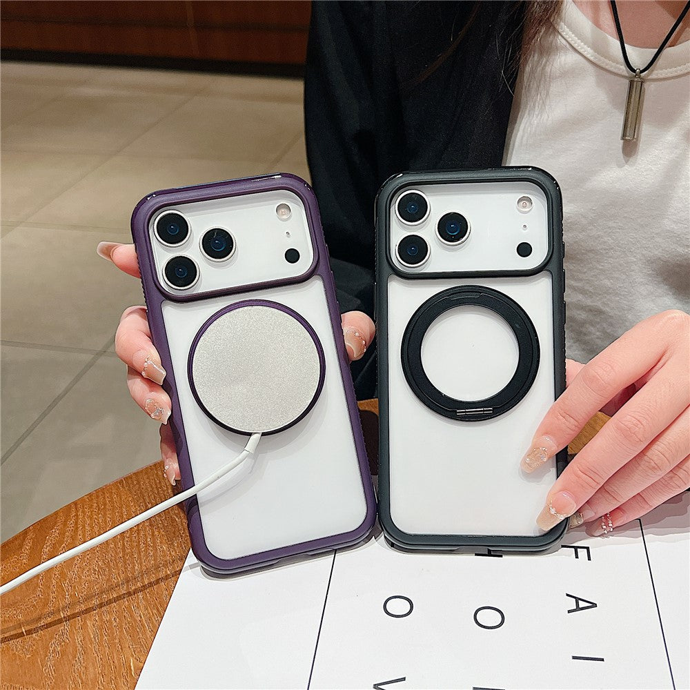 For iPhone 17 Pro Max Magnetic Case Stress Relief Kickstand TPU + PC Transparent Protective Phone Cover - Coffee