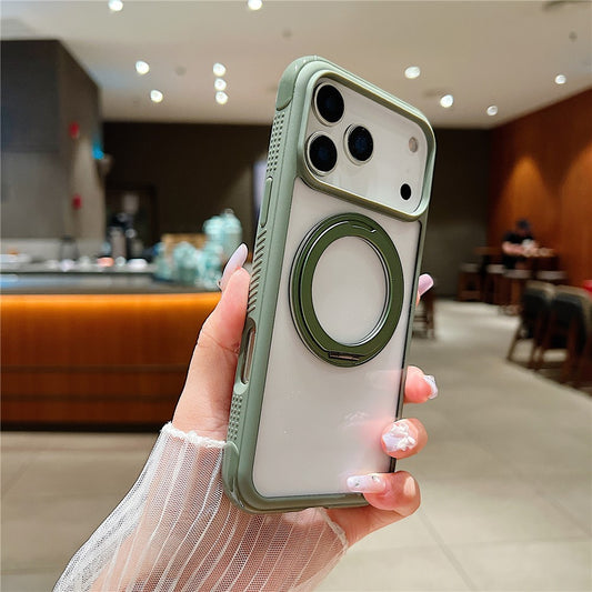 For iPhone 17 Pro Max Magnetic Case Stress Relief Kickstand TPU + PC Transparent Protective Phone Cover - Army Green