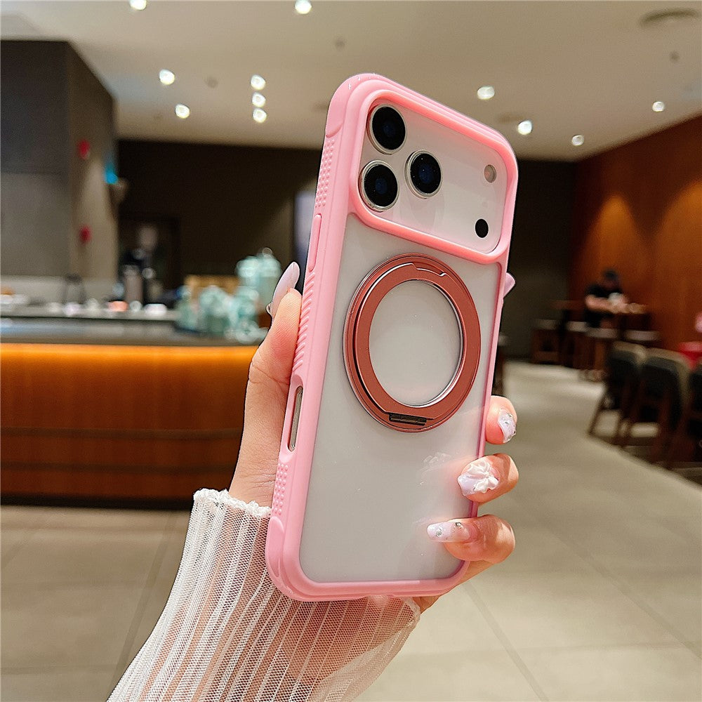 For iPhone 17 Pro Max Magnetic Case Stress Relief Kickstand TPU + PC Transparent Protective Phone Cover - Pink