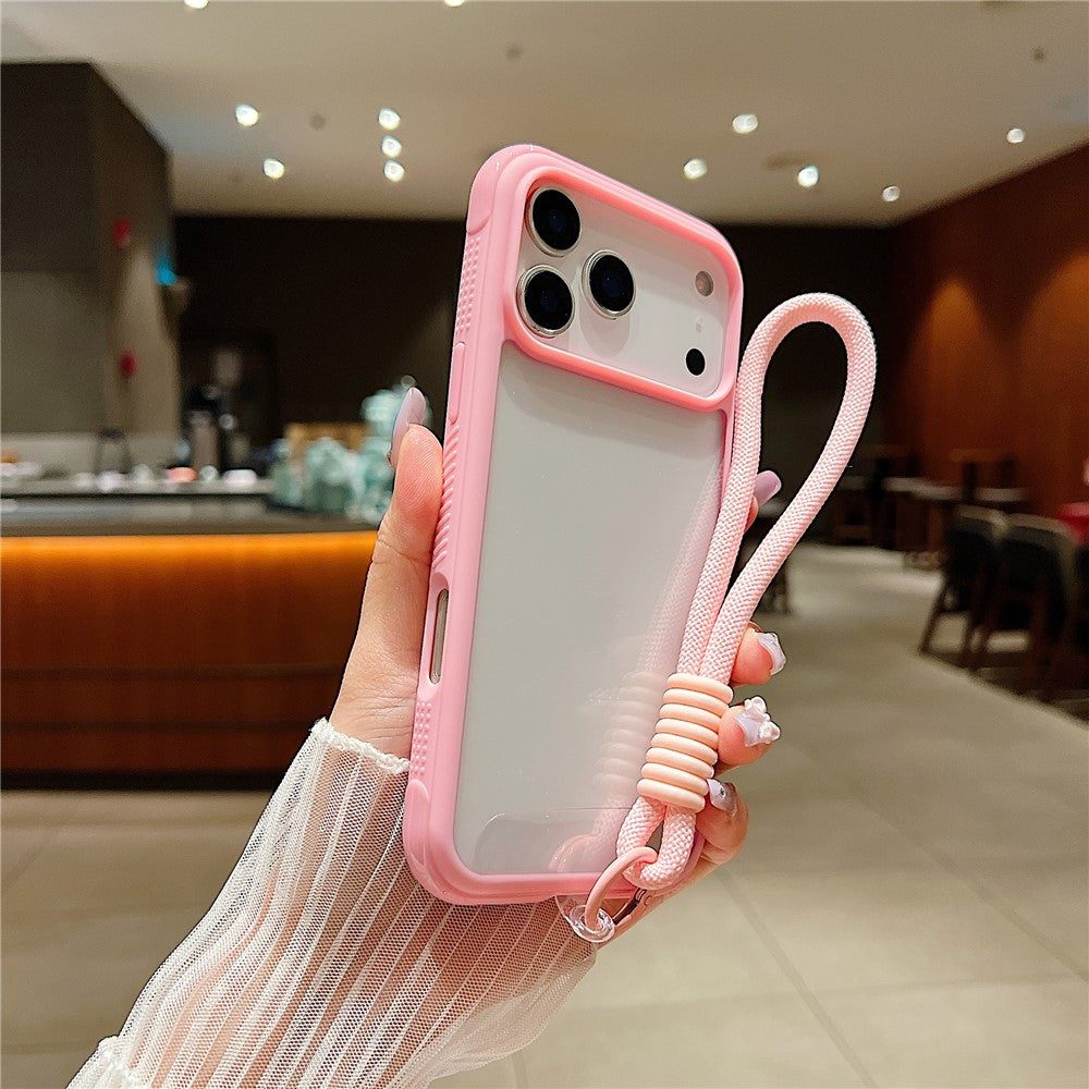 For iPhone 17 Pro Max Case TPU + PC Transparent Protective Phone Cover with Wrist Strap - Pink
