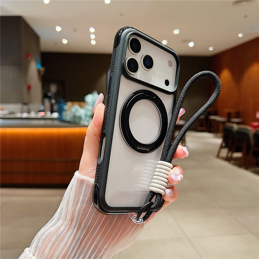 For iPhone 17 Pro Max Magnetic Case Stress Relief Kickstand TPU + PC Transparent Phone Cover with Wrist Strap - Black