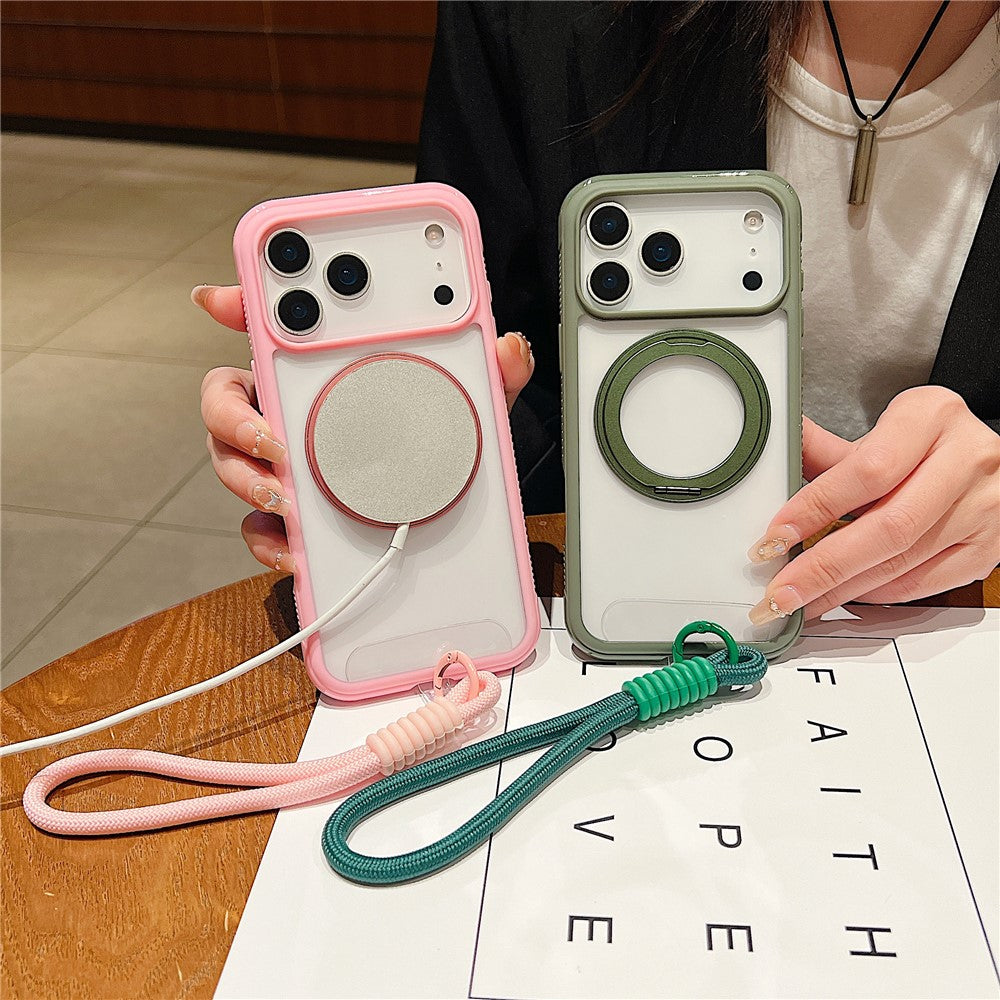 For iPhone 17 Pro Max Magnetic Case Stress Relief Kickstand TPU + PC Transparent Phone Cover with Wrist Strap - Black