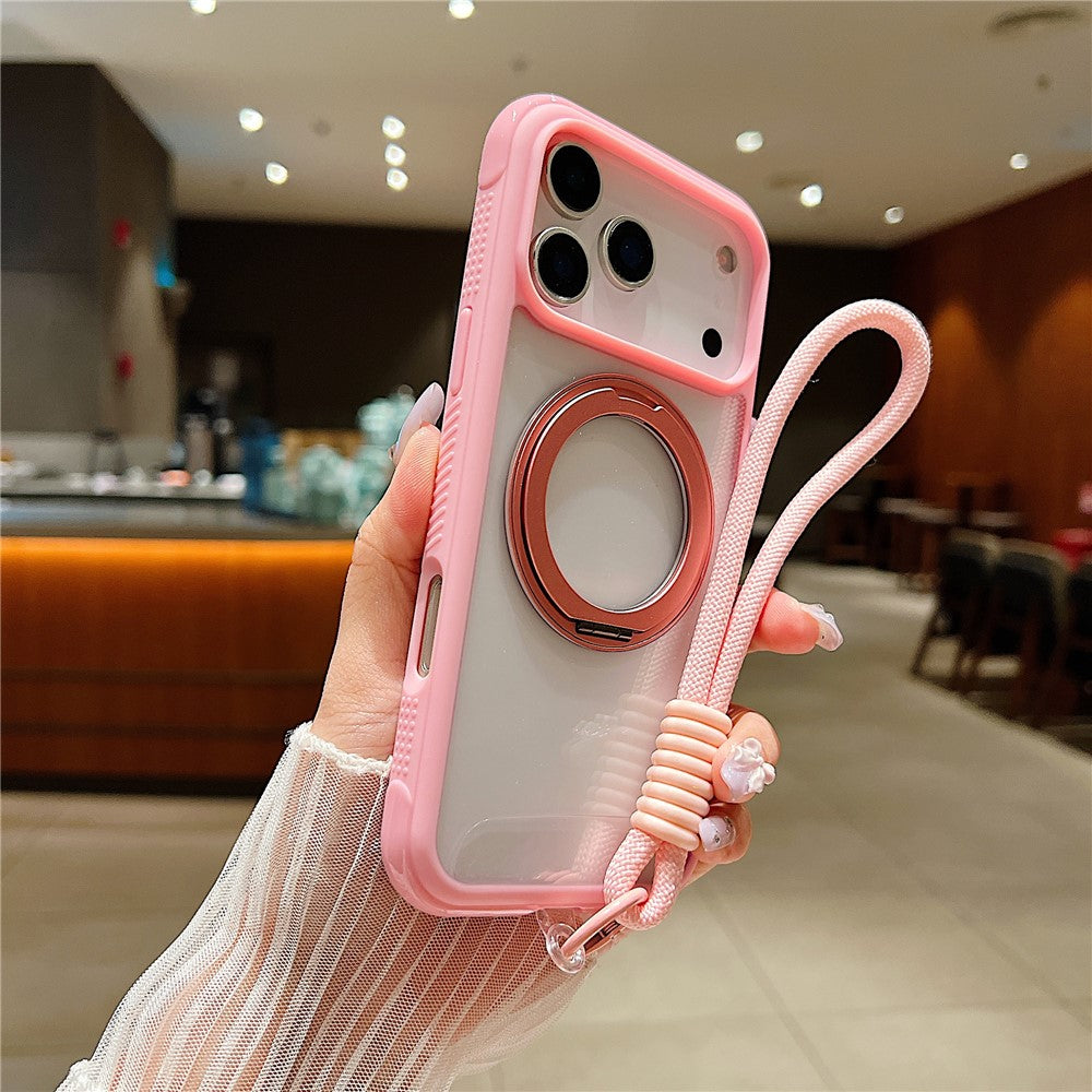 For iPhone 17 Pro Max Magnetic Case Stress Relief Kickstand TPU + PC Transparent Phone Cover with Wrist Strap - Pink