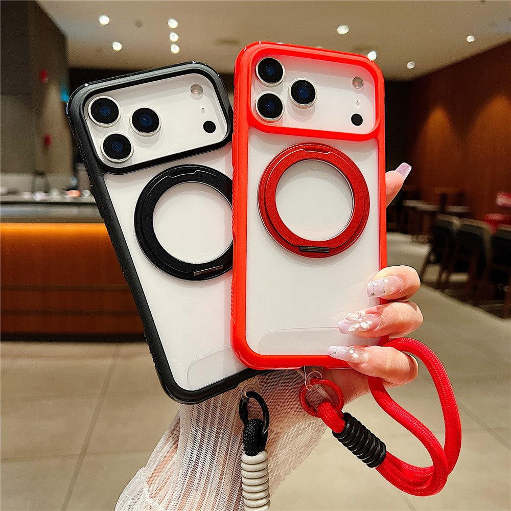 For iPhone 17 Pro Max Magnetic Case Stress Relief Kickstand TPU + PC Transparent Phone Cover with Wrist Strap - Grey