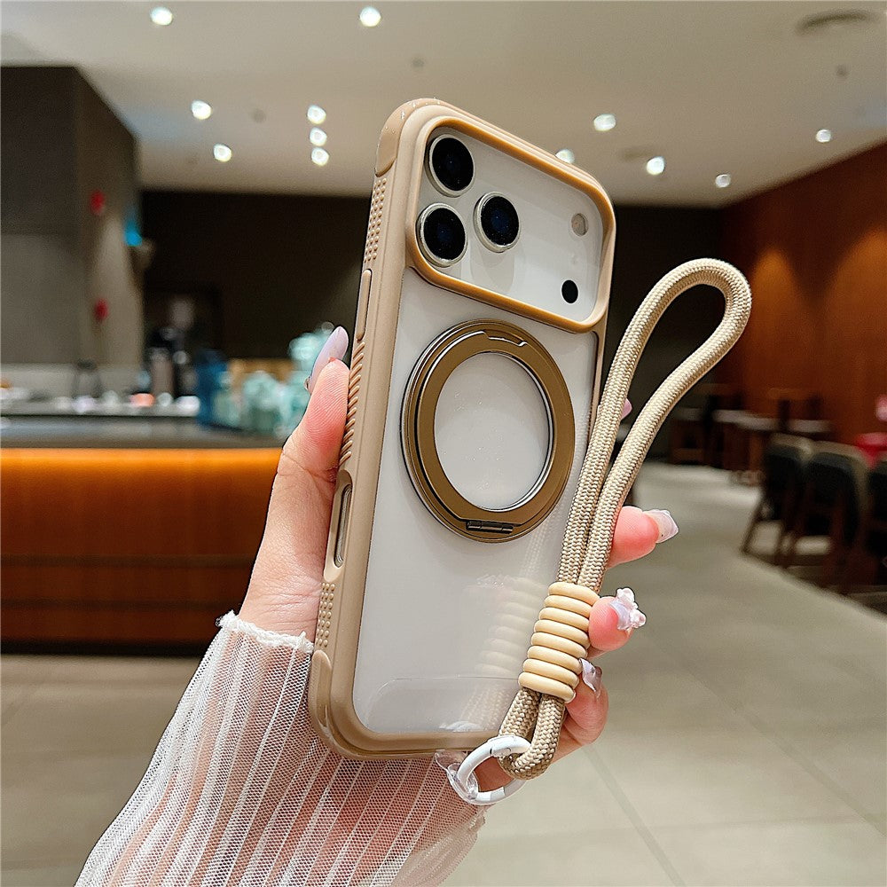 For iPhone 17 Pro Max Magnetic Case Stress Relief Kickstand TPU + PC Transparent Phone Cover with Wrist Strap - Coffee