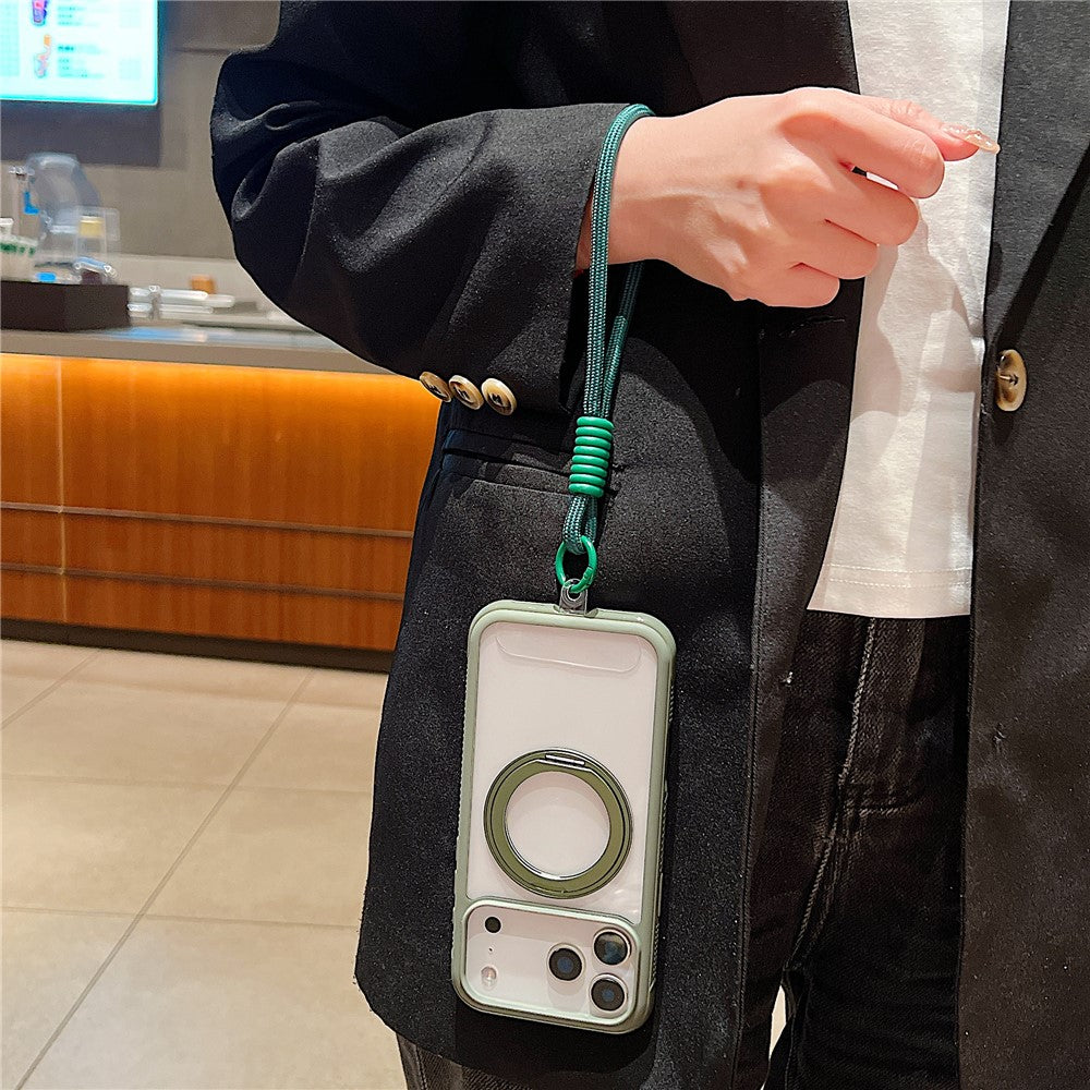 For iPhone 17 Pro Max Magnetic Case Stress Relief Kickstand TPU + PC Transparent Phone Cover with Wrist Strap - Coffee