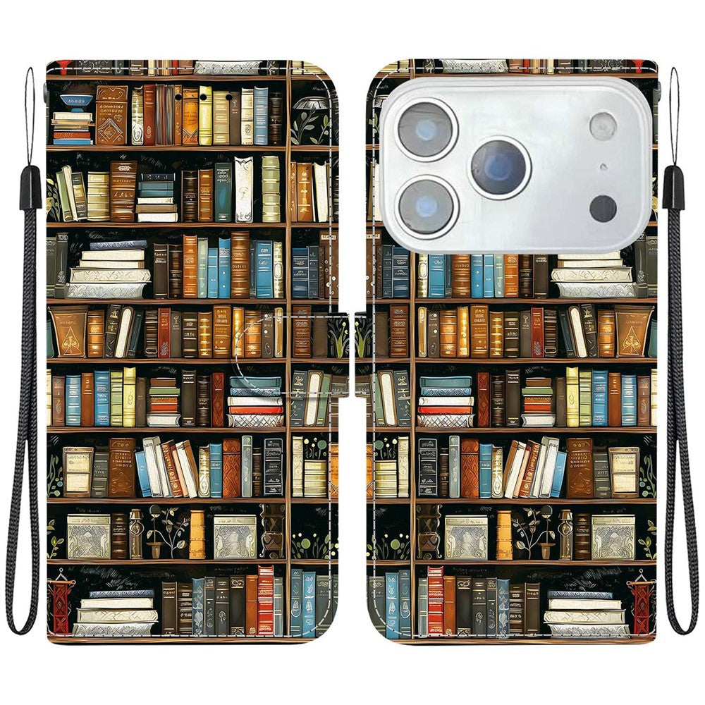 For iPhone 17 Pro Max Leather Case Stand Wallet Pattern Printing Phone Cover with Wrist Strap - Bookshelf