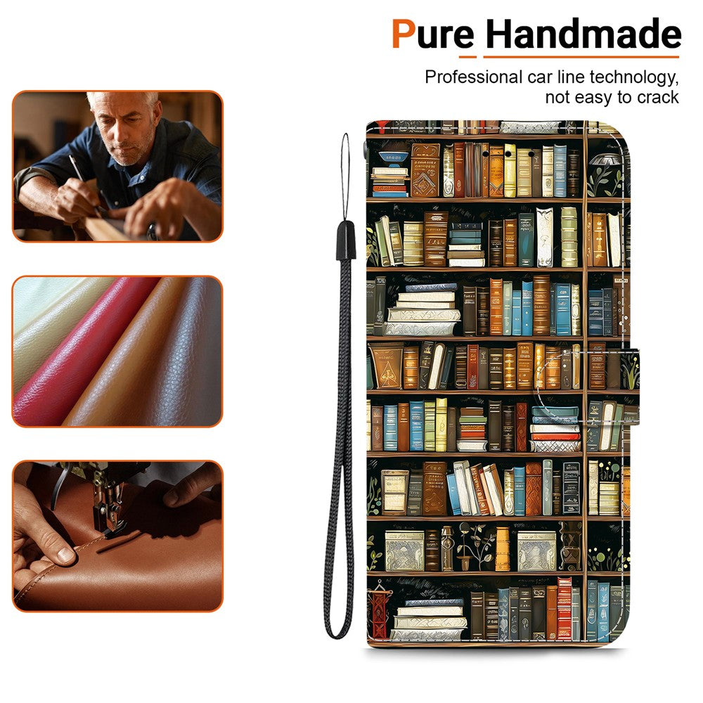 For iPhone 17 Pro Max Leather Case Stand Wallet Pattern Printing Phone Cover with Wrist Strap - Bookshelf