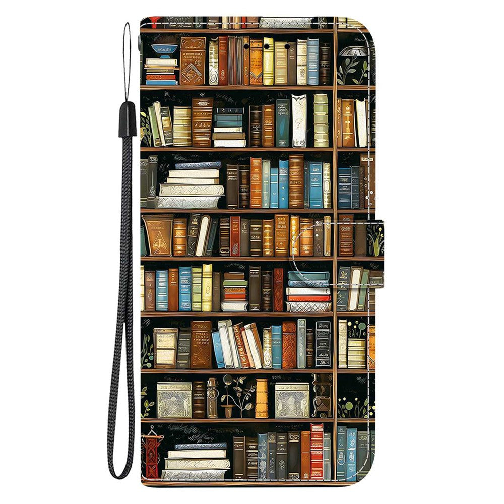 For iPhone 17 Pro Max Leather Case Stand Wallet Pattern Printing Phone Cover with Wrist Strap - Bookshelf