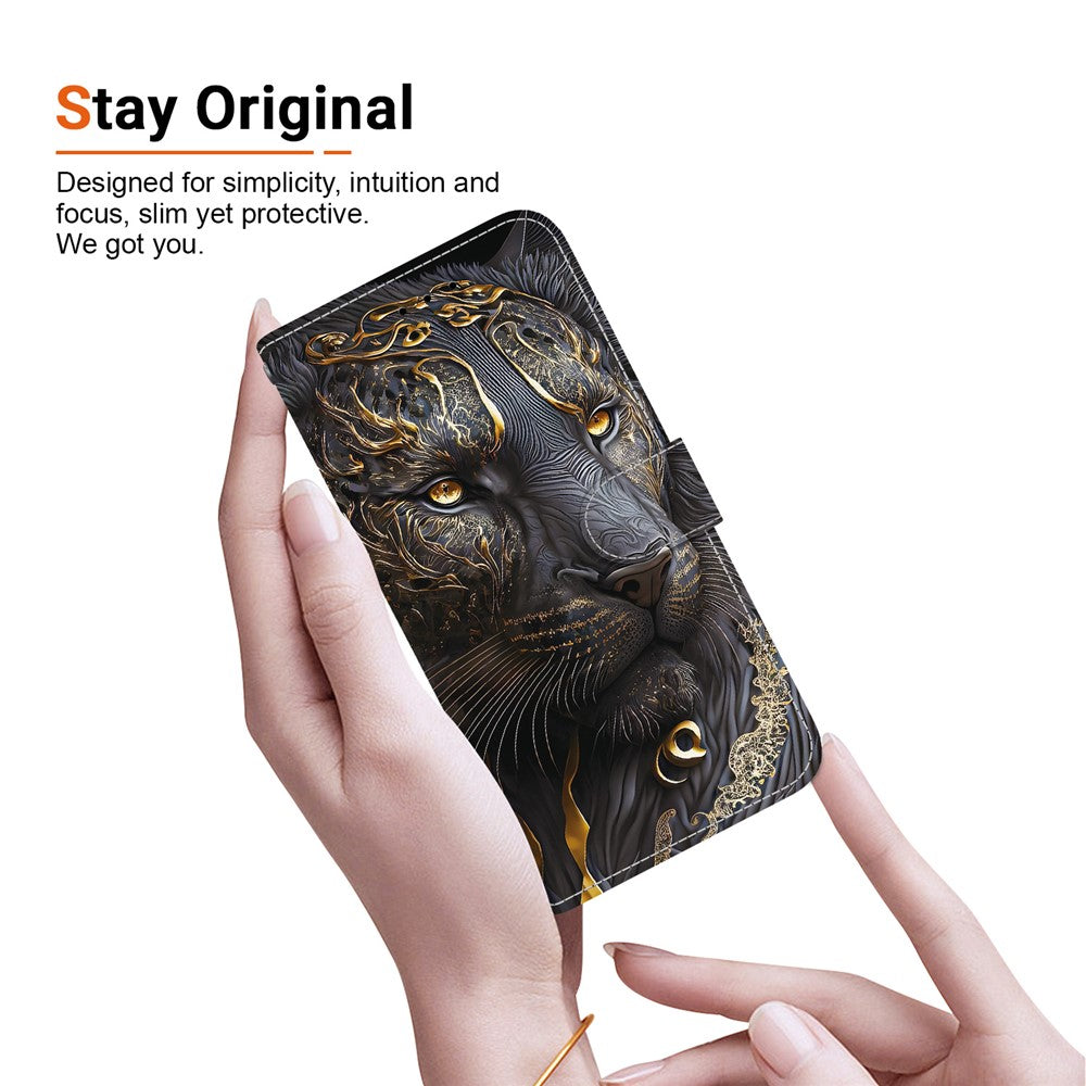 For iPhone 17 Pro Max Leather Case Stand Wallet Pattern Printing Phone Cover with Wrist Strap - Black Gold Lion