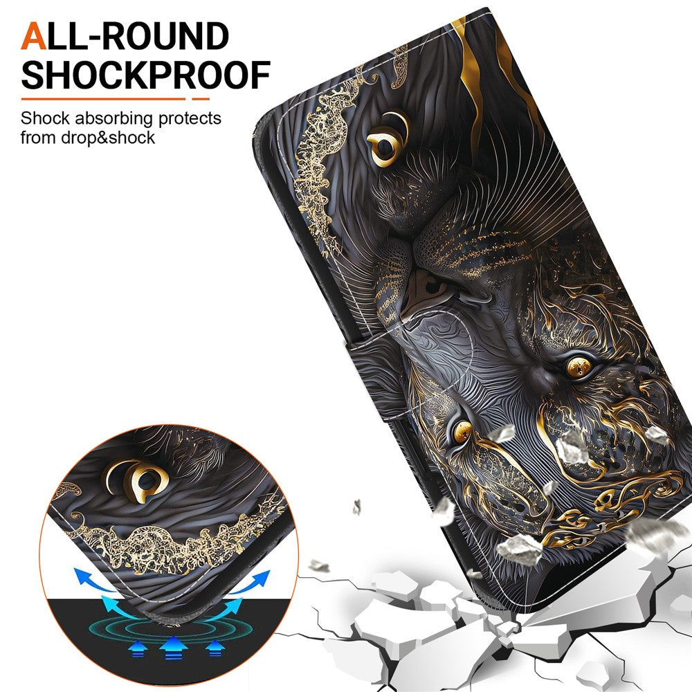 For iPhone 17 Pro Max Leather Case Stand Wallet Pattern Printing Phone Cover with Wrist Strap - Black Gold Lion