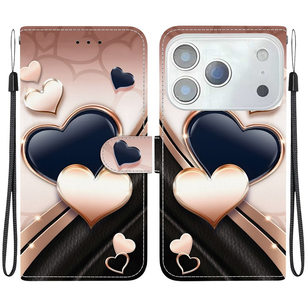 For iPhone 17 Pro Max Leather Case Stand Wallet Pattern Printing Phone Cover with Wrist Strap - Love