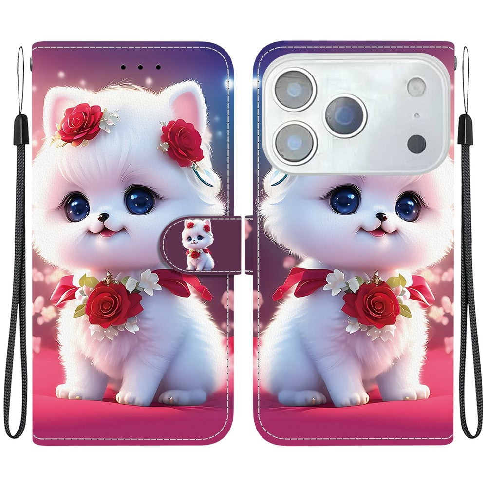 For iPhone 17 Pro Max Leather Case Stand Wallet Pattern Printing Phone Cover with Wrist Strap - Rose Cat