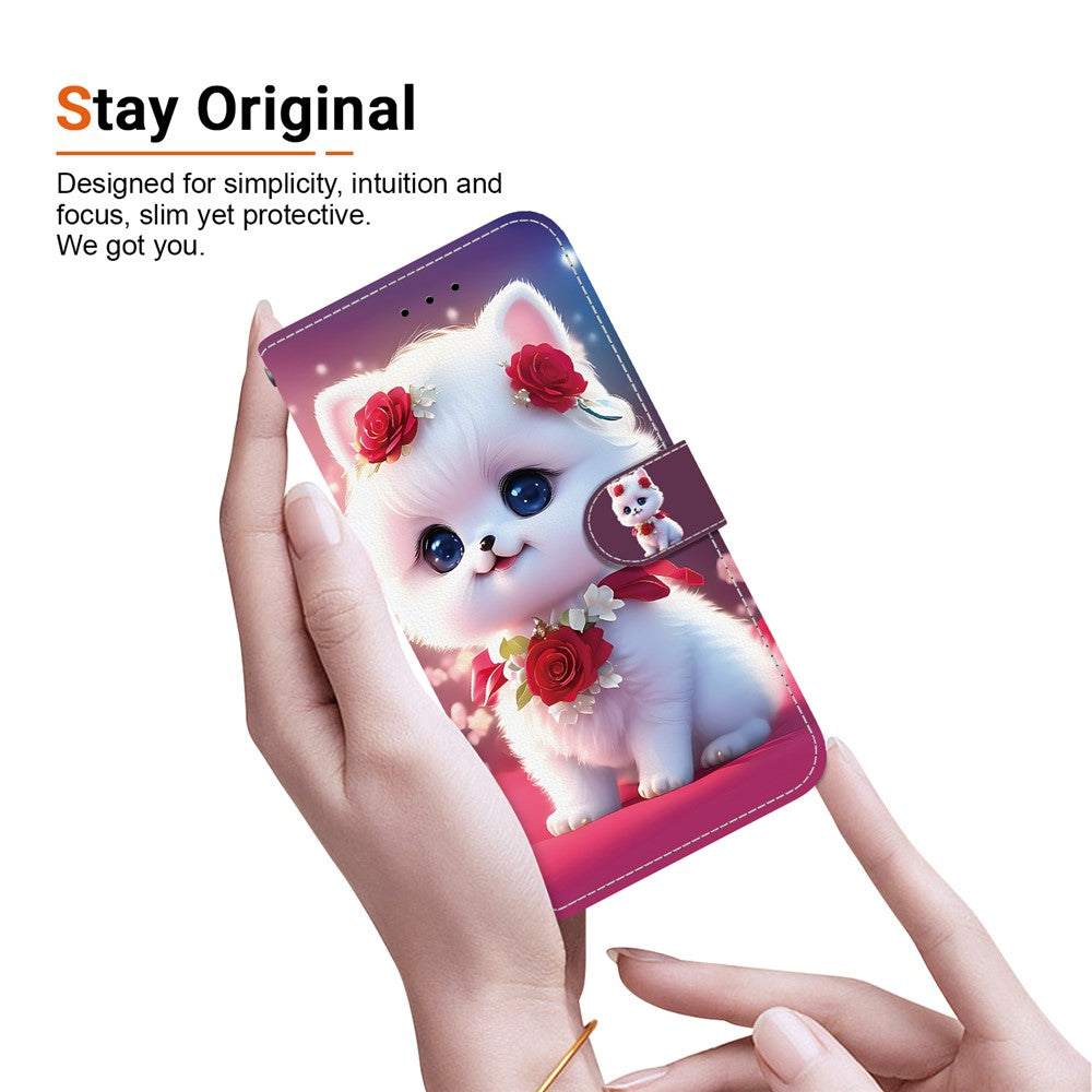 For iPhone 17 Pro Max Leather Case Stand Wallet Pattern Printing Phone Cover with Wrist Strap - Rose Cat