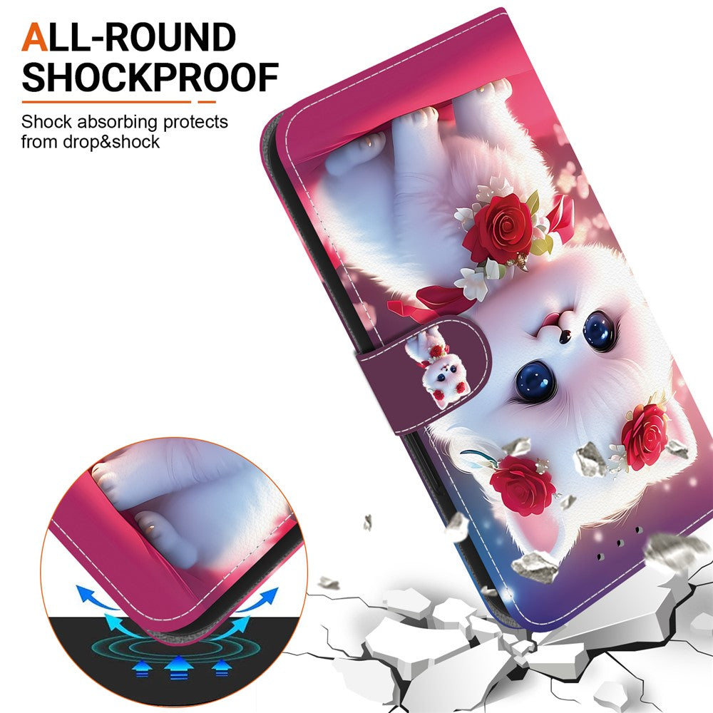 For iPhone 17 Pro Max Leather Case Stand Wallet Pattern Printing Phone Cover with Wrist Strap - Rose Cat