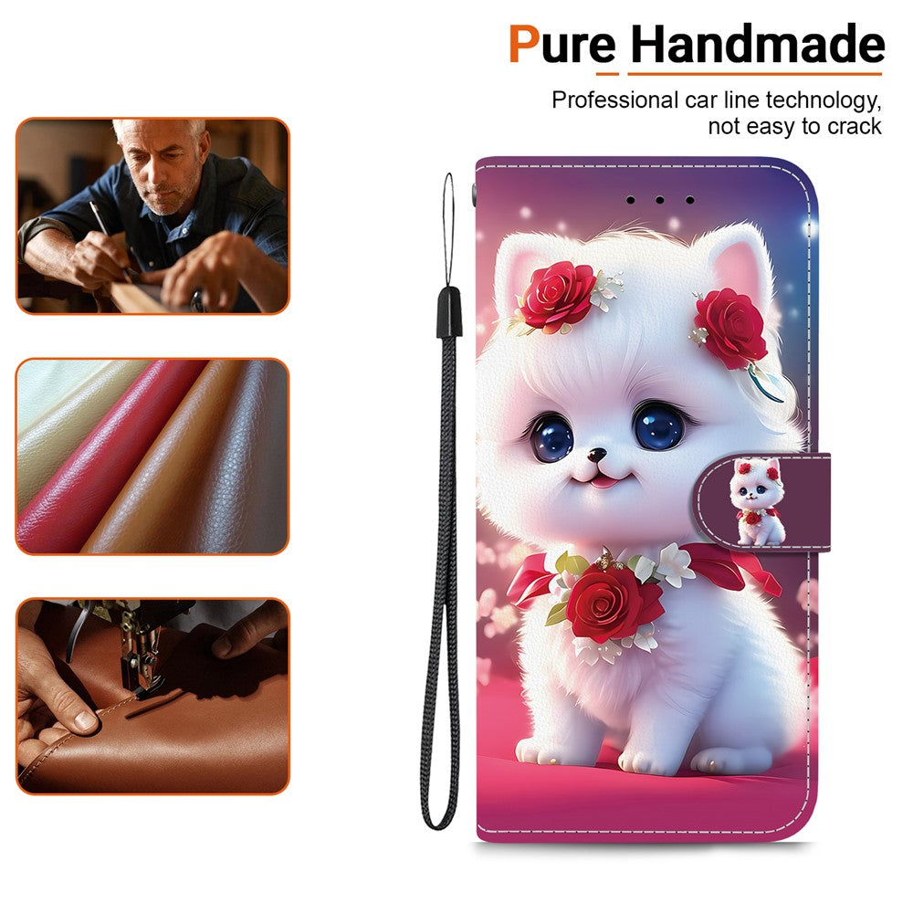 For iPhone 17 Pro Max Leather Case Stand Wallet Pattern Printing Phone Cover with Wrist Strap - Rose Cat